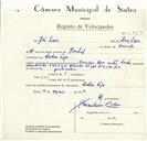 Registo de velocípede de marca Cruzador, com o nº 8883, em nome de José Lopes, morador em Cabra Figa.