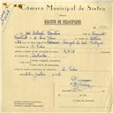 Registo de velocípede de marca Raio, com o nº 5883, em nome de José Silvestre Faustino, morador em S. Pedro de Sintra.