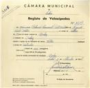 Registo de velocípede de marca Vilar, com o nº 3219, em nome de Francisca Belmira Camarate Pinto Freitas, moradora em Queluz.