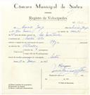 Registo de velocípede de marca Olga, com o nº 8702, em nome de Amado Jorge, morador em Vila de Sintra.