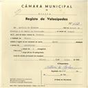 Registo de velocípede de marca Elite, com o nº 4321, em nome de António de Alvelos, morador em Sintra.