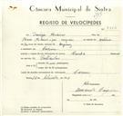 Registo de velocípede de marca aranha, com o nº 9316, em nome de Dionísio Medeiros, morador em Cacém.