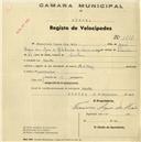 Registo de velocípede de marca Saltley, com o nº 1518, em nome de Francisco Lopes dos Reis, morador em Banzão.