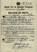 Boletim de óbito de José Vicente dos Santos, morador em Sintra, sepultado no coval nº 7241, do cemitério de S. Marçal.