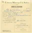 Registo de velocípede de marca Pombal com motor Cuciolo, com o nº 6772, em nome de Artur das Neves Correia, morador em Várzea de Sintra.