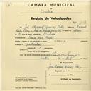 Registo de velocípede de marca Stella, com o nº 1682, em nome de José Manuel Queiroz Velez, morador em Praia das Maçãs.