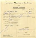 Registo de velocípede de marca Raio, com o nº 7188, em nome de Manuel Duarte Raio, morador em Sintra.