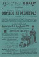 Programa do Cine-Teatro Chaby apresentando um espetáculo de cinema e variedades promovido pela comissão municipal de assistência em beneficio do cortejo de oferendas.