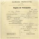 Registo de velocípede de marca Diário Popular, com o nº 1343, em nome de Domingos Joaquim Janota, morador em Pero Pinheiro