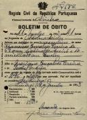 Boletim de óbito de Francisco Gonçalves Pereira, morador em Queluz, sepultado no coval nº 7682, do cemitério de S. Marçal.