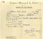 Registo de velocípede de marca Cimati, com o nº 9957, em nome de António Freitas Duarte, morador em Terrugem.