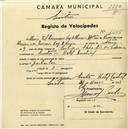 Registo de velocípede com o nº 1605, em nome de Maria Del Carmem Vaz de Oliveira Mariu e de Emma Vaz Mariu, moradoras em Sintra, Hotel Central.