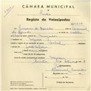 Registo de velocípede de marca Pombal, com o nº 3848, em nome de Joaquim de Azevedo, morador em Negrais.