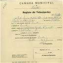 Registo de velocípede com o nº 2313, em nome de Carlos Maria Caldas Silva, morador em Queluz.