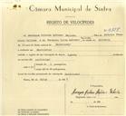 Registo de velocípede com o nº 9858, em nome de Henrique António Antunes Galinha, morador em Montelavar.