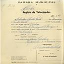 Registo de velocípede com o nº 568, em nome de Heliodoro dos Santos Pinto, morador na Rua Dr. Manuel d'Arriaga nº 18, Queluz.