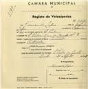 Registo de velocípede com o nº 21465, em nome de Fernando Lopes, morador em Rua do Campo nº 3, S. Pedro de Sintra.