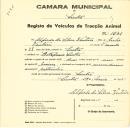 Registo de um veiculo de duas rodas tirado por um animal de espécie bovina destinado a transporte de mercadorias em nome de Alfredo da Silva Ventura, morador na Estefânia, Sintra.