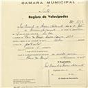 Registo de velocípede de marca Helios, com o nº 1754, em nome de José Evaristo de Morais Sarmento, morador em Praia das Maçãs.