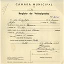Registo de velocípede de marca Ibérica, com o nº 3846, em nome de João Tomás Gaspar, morador em Pendão.