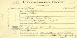 Recenseamento escolar de Virgínia Torres, filha de <span class="hilite">Carlos</span> Nunes Torres, morador no Carmo.