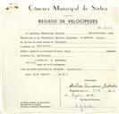 Registo de velocípede de marca Seta, com o nº 9163, em nome de António Francisco Galinha, morador em Montelavar.