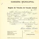 Registo de um veiculo de duas rodas tirado por dois animais de espécie bovina destinado a transporte de mercadorias em nome de Artur Francisco da Luz Cardoso, morador em Massamá.