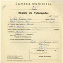 Registo de velocípede com o nº 4012, em nome de João Francisco Raio, morador em Morelinho.