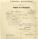 Registo de velocípede de marca Olympique, com o nº 1342, em nome de José Baleia, morador em Aldeia Galega.