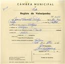 Registo de velocípede de marca Oriental, com o nº 3579, em nome de Manuel Carvalho Pexilga, morador em Cortegaça.