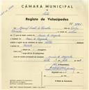 Registo de velocípede de marca Soltex, com o nº 3721, em nome de Manuel Duarte de Carvalho, morador em Arneiro da Arreganha.