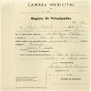 Registo de velocípede com o nº 944, em nome de Raul Batista, morador em S. Pedro de Sintra.