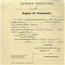 Registo de velocípede de marca Standard Phillips, com o nº 1367, em nome de Carlos Fernandes de Barros Queirós, morador em Sintra.