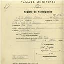 Registo de velocípede com o nº 2190, em nome de João Calaim Oliveira, morador em Vila Verde.