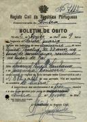 Boletim de óbito de Luísa Rocha, moradora no Ral, sepultada no coval nº 7115, do cemitério de S. Marçal.