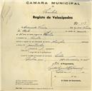Registo de velocípede de marca Olympique, com o nº 357, em nome de Armindo Vieira, morador em Sintra.