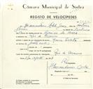 Registo de velocípede de marca Seleta, com o nº 9222, em nome de Diamantino Rebelo Gomes, morador em Rio de Mouro.