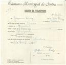 Registo de velocípede com o nº 4614, em nome de Joaquim Luís, morador em Agualva.
