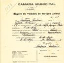 Registo de um veiculo de duas rodas tirado por um animal de espécie asinina destinado a transporte de mercadorias em nome de António Antunes, morador em A-da-Beja.