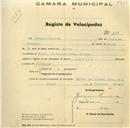 Registo de velocípede de marca Zenith, com o nº 214, em nome de Joaquim Francisco, morador na Rua Dr. Alfredo Costa, Sintra.