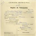 Registo de velocípede Champion, com o nº 3891, em nome de Manuel da Nazaré Nunes, morador em Albarraque.