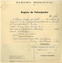 Registo de velocípede de marca Alvorada, com o nº 1485, em nome de Alfredo Carlos dos Santos, morador na Rua do Bocage, Queluz.