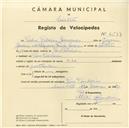 Registo de velocípede de marca N.S.V., com o nº 4537, em nome de Pedro Ribeiro Lourenço, morador em Pero Pinheiro.