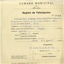 Registo de velocípede de marca Phillips, com o nº 2082, em nome de Manuel Pereira da Nóbrega de Sousa da Câmara, morador em Monte Banzão.