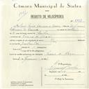 Registo de velocípede com o nº 5018, em nome de José Luís Paiva Carneiro de Moura, morador em Praia das Maçãs.