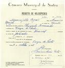 Registo de velocípede de marca Nacional, com o nº 8367, em nome de Hermenegildo Augusto, morador em Várzea de Sintra.