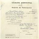 Registo de velocípede de marca Helios, com o nº 5277, em nome de Duarte Rebelo Antunes, morador em Rua Veiga da Cunha nº 32, Sintra.