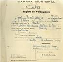 Registo de velocípede de marca Bernes, com o nº 281, em nome de Joaquim Vicente Albogas, morador na Rua Câmara Pestana, Estefânia.