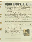 Registo de matricula de velocipedista em nome de Adelino Francisco da Silva, morador em Agualva, com o nº de inscrição 969.