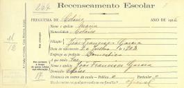Recenseamento escolar de Maria Garcia, filha de José Francisco Garcia, moradora em Colares.